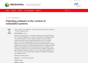 Vortrag bzgl. Patentierung von „Embedded Systems“ auf electronica
